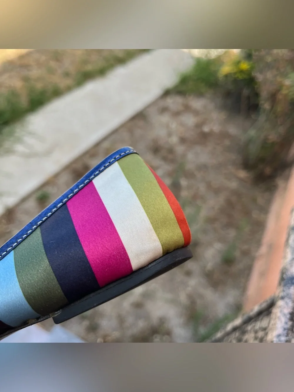 Vintage Y2K Coach Legacy Striped Satin Ballet Flats with a Small Bow Detail.